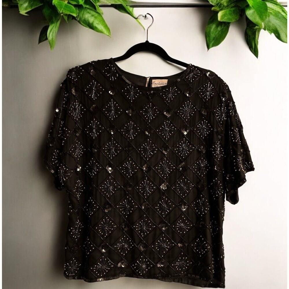 Vtg Jainson Int’l Sz M Silk Beaded‎ Top Short Sleeve Black Atomic 80s Cocktail